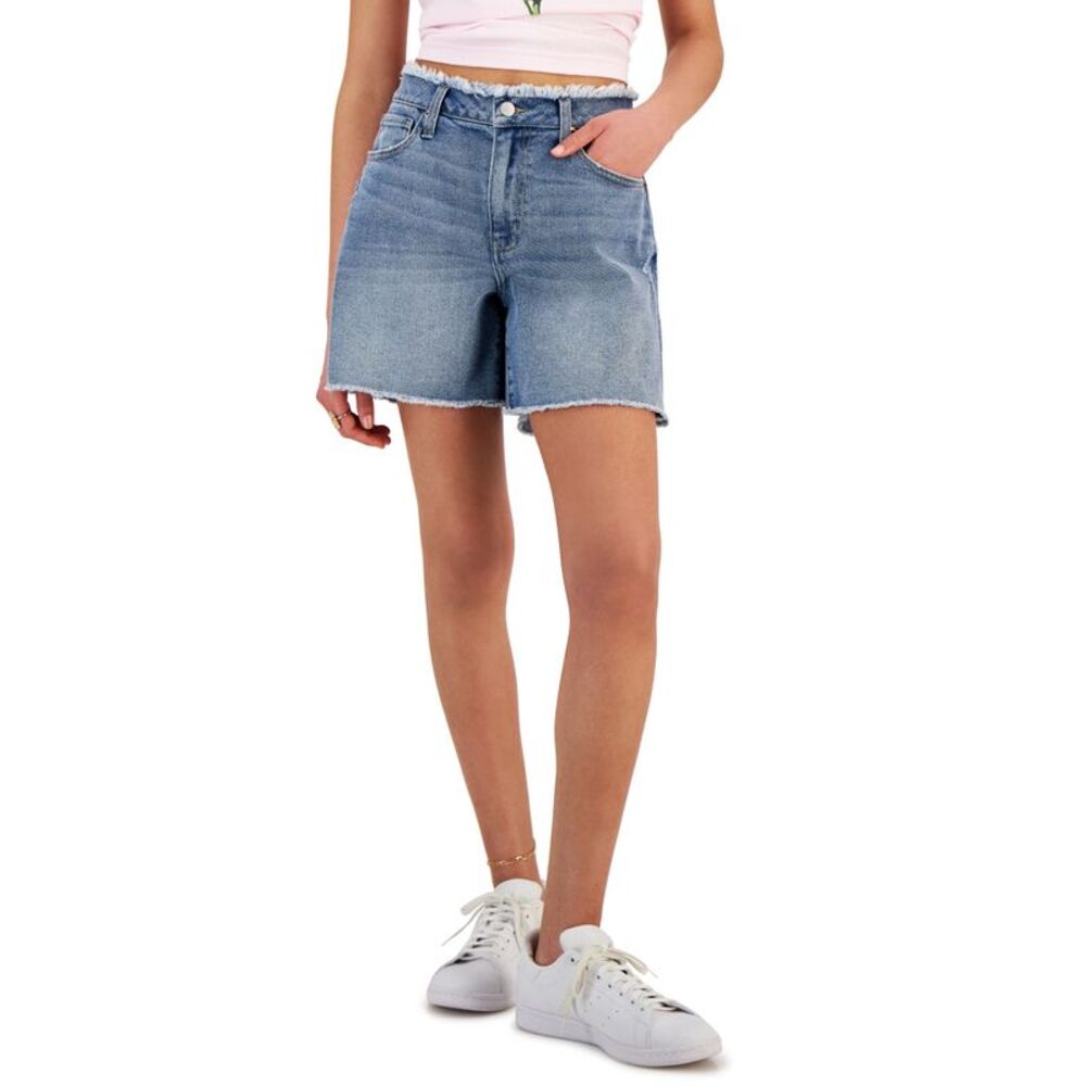 Tinseltown Juniors' High-Rise Distressed Mom Shorts